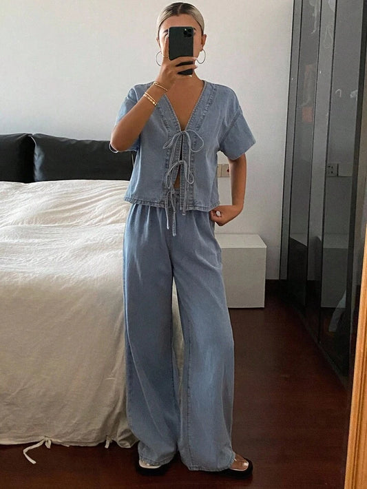 CM-SS335735 Women Casual Seoul Style Short Sleeve Tie Front Top With Loose Fit Denim Pants - Set