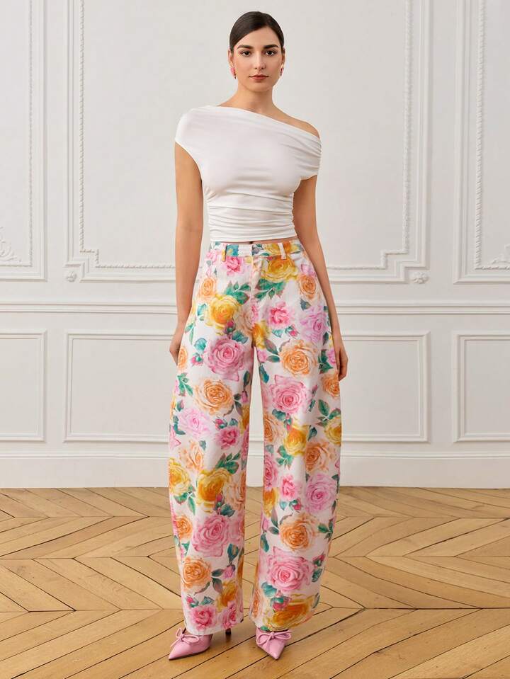 CM-BS143261 Women Casual Seoul Style Mid Waist Colorful Floral Print Baggy Flared Denim Pants - White