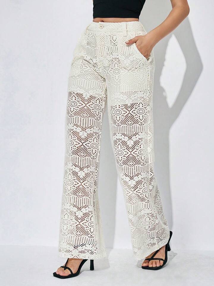 CM-BS818585 Women Trendy Bohemian Style Solid Color Lace Straight Wide Leg Pants - Beige