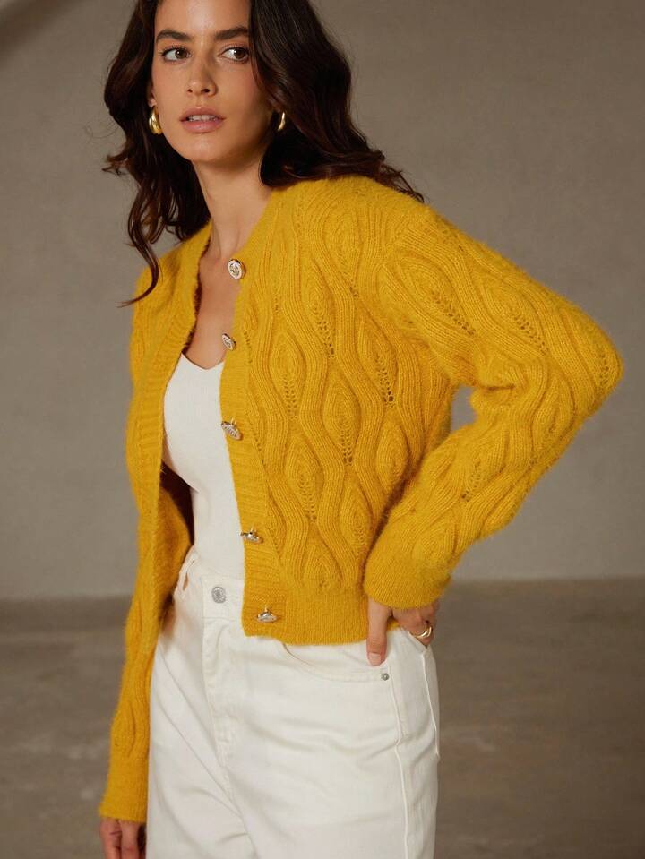 CM-CS125063 Women Elegant Seoul Style Solid Color Argyle Pattern Crew Neck Long Sleeve Rib-Knit Cardigan - Yellow