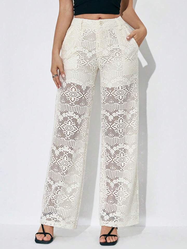 CM-BS818585 Women Trendy Bohemian Style Solid Color Lace Straight Wide Leg Pants - Beige