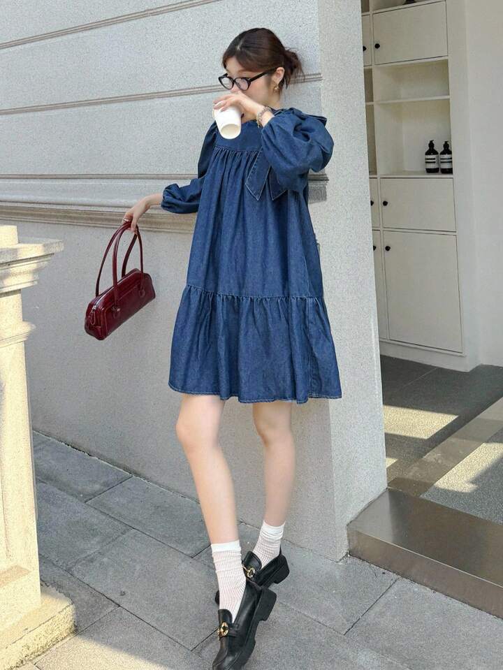 CM-DS154165 Women Elegant Seoul Style Medium Wash Bow Tie Lantern Sleeve Oversized Babydoll Denim Dress