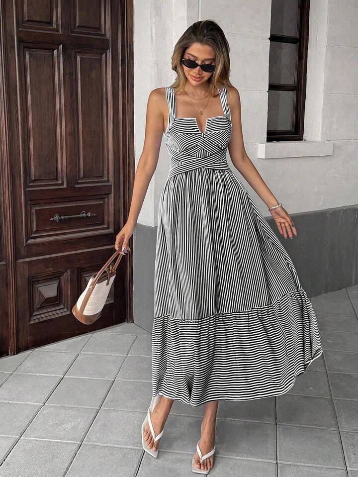 CM-DS395983 Women Trendy Bohemian Style V-Neck Sleeveless Striped Criss-Cross Dress - Black