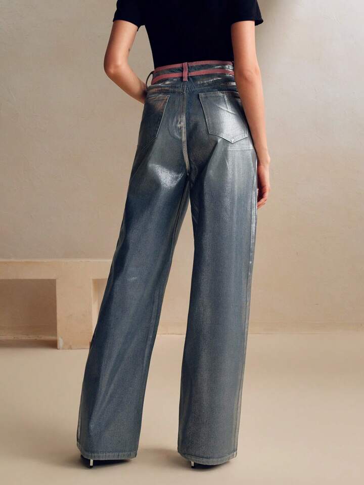CM-BS238888 Women Elegant Seoul Style High Waist Silver Hot Stamping Flare Jeans - Blue