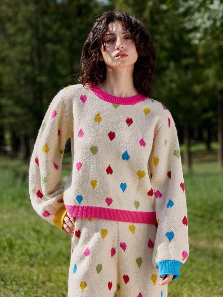 CM-CS199063 Women Casual Seoul Style Contrast Color Heart Pattern Crew Neck Long Sleeve Sweater