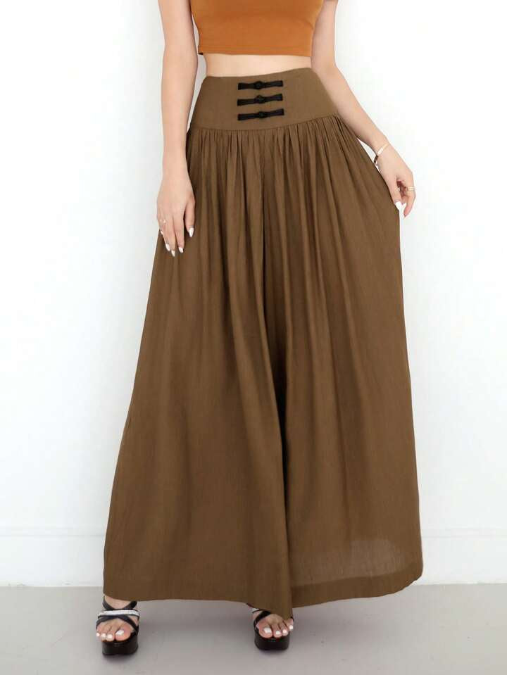 CM-BS515588 Women Casual Seoul Style Chinese-Style Pleated Waist Wide Leg Pants - Coffee Brown