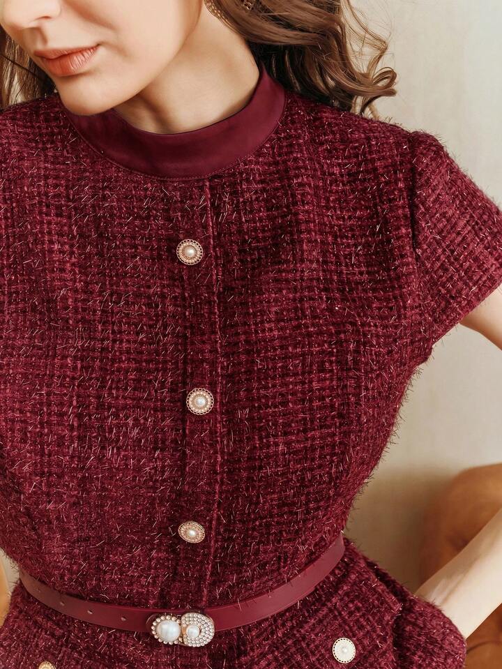 CM-DS749564 Women Elegant Seoul Style Stand Collar Short Sleeve Tweed Satin Patchwork Dress - Burgundy