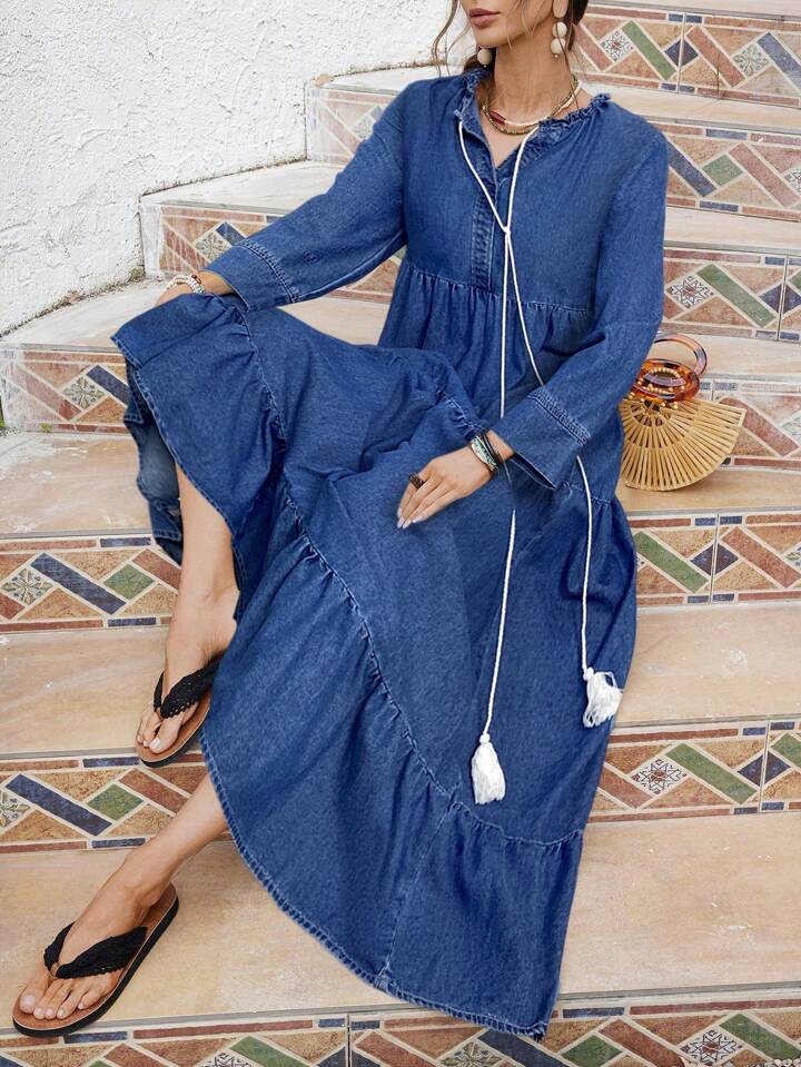 CM-DS659151 Women Trendy Bohemian Style Medium Wash Round Neck 3/4 Sleeve Loose Long Denim Dress