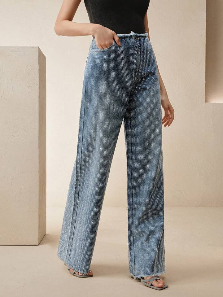 CM-BS407709 Women Elegant Seoul Style Mid Waist Rhinestone Decorated Straight Cut Frayed Hem Jeans - Blue