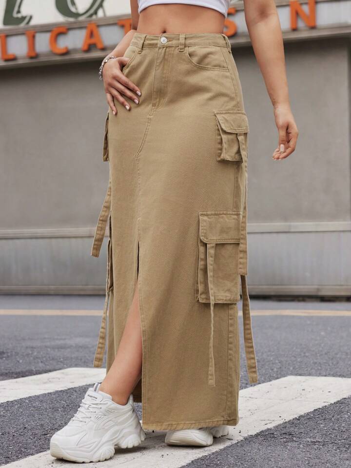 CM-BS203122 Women Casual Seoul Style Front Button Pocket Slit Denim A-Line Skirt - Brown