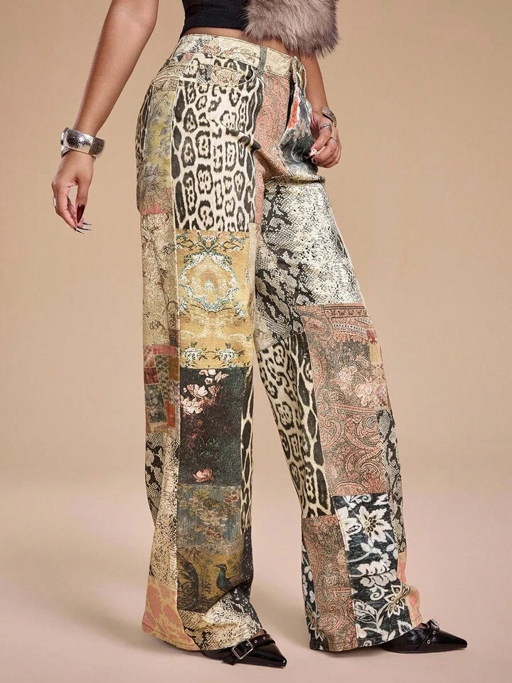 CM-BS879937 Women Casual Seoul Style Hippie Pattern Slim Straight Leg Ultra Low Waist Jeans