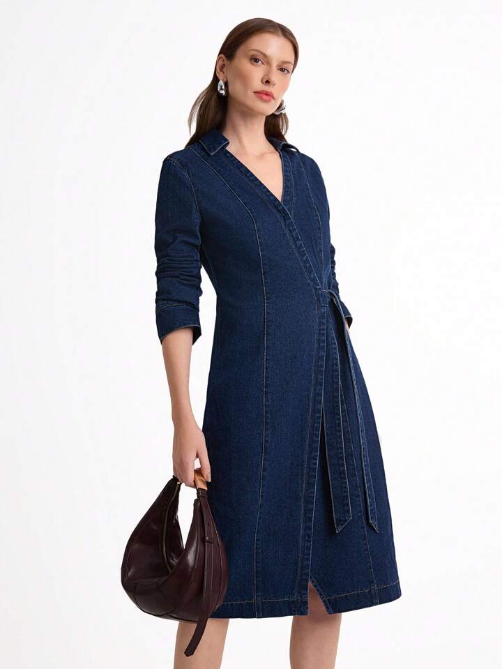 CM-DS041418 Women Elegant Seoul Style Dark Wash Colar Neckline Long Sleeve Asymmetrical Denim Dress