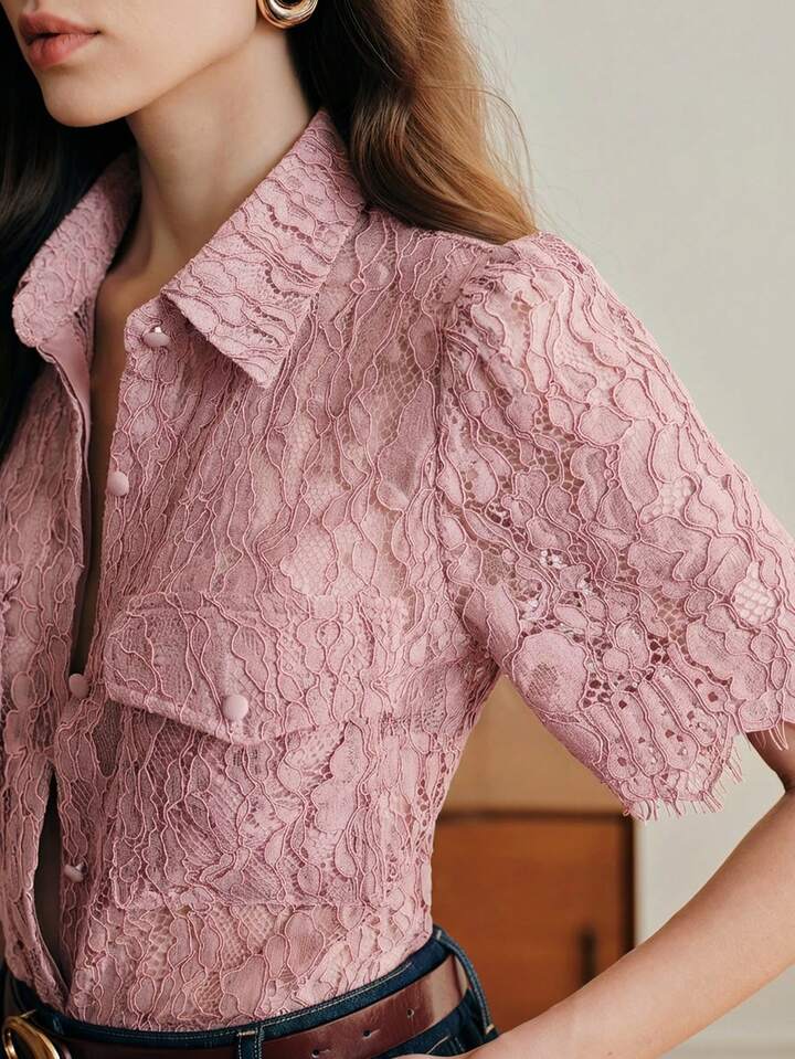 CM-TS636795 Women Elegant Seoul Style Lace Hollow Out Shirt Collar Short Sleeve Blouse - Pink