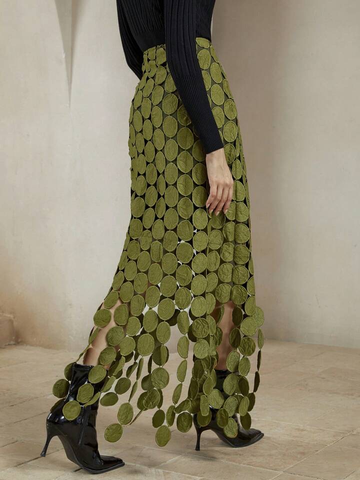 CM-BS505600 Women Trendy Bohemian Style Laser Cut Multi Circle Double Layered Maxi Skirt - Olive Green
