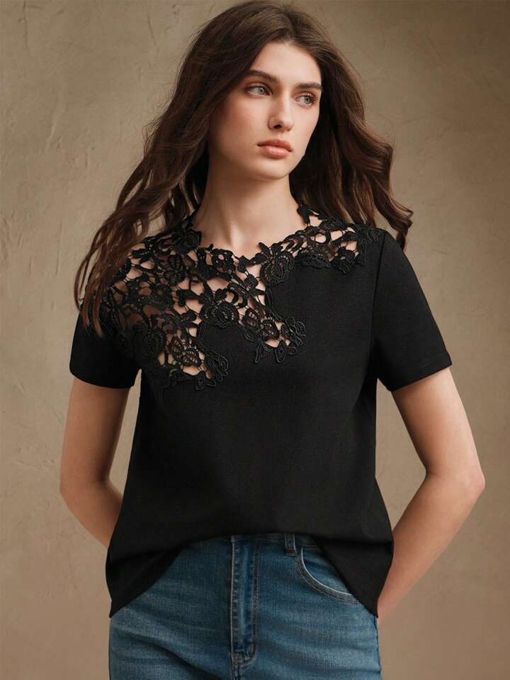 CM-TS707733 Women Casual Seoul Style Lace Crochet Patchwork Hollow Out Short Sleeve Blouse - Black