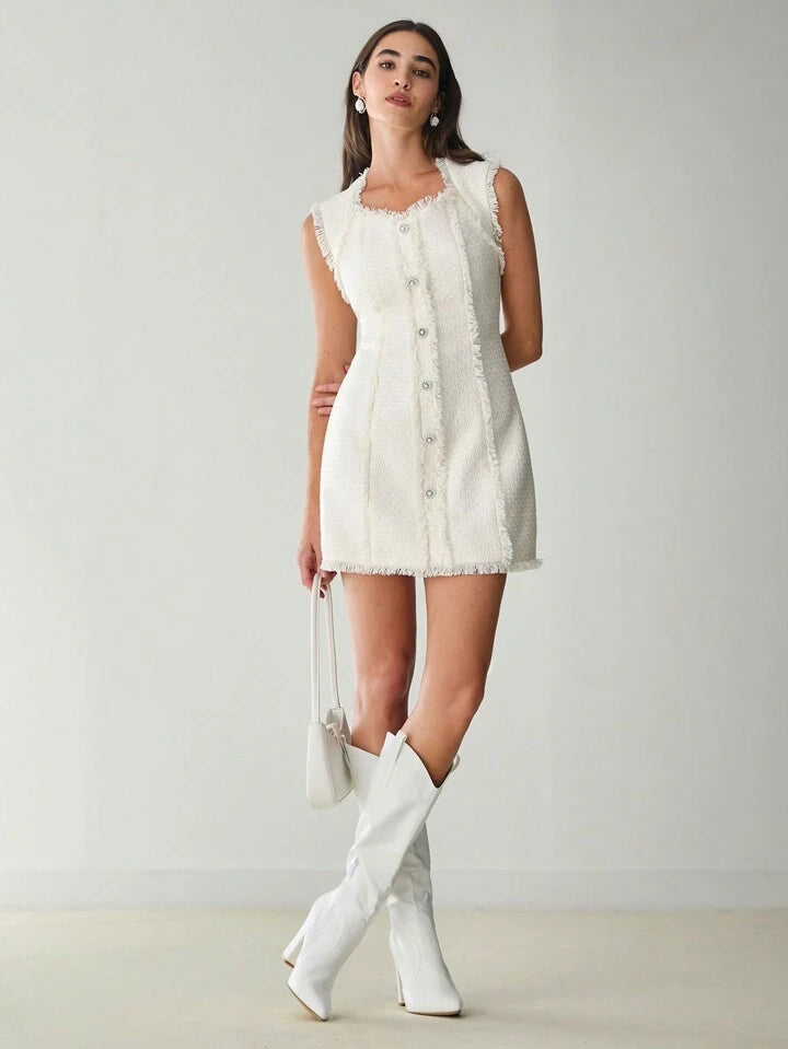 CM-DS866449 Women Elegant Seoul Style Sweetheart Neckline Sleeveless Sequin Tweed Dress - White