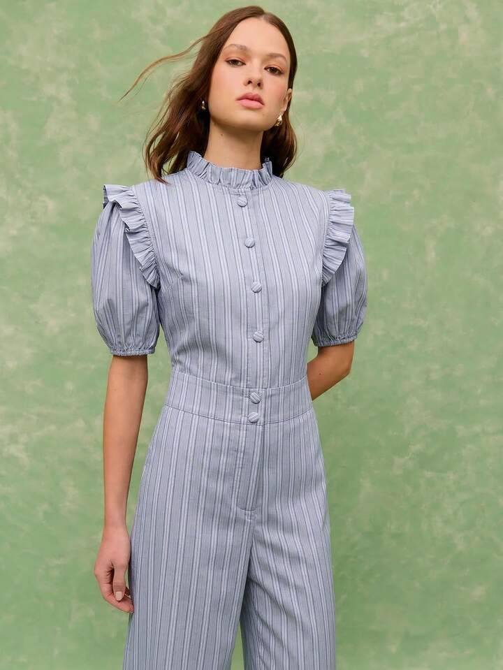 CM-JS373559 Women Casual Seoul Style Ruffled Collar Puff Sleeve Wide Leg Pinstripe Jumpsuit - Blue