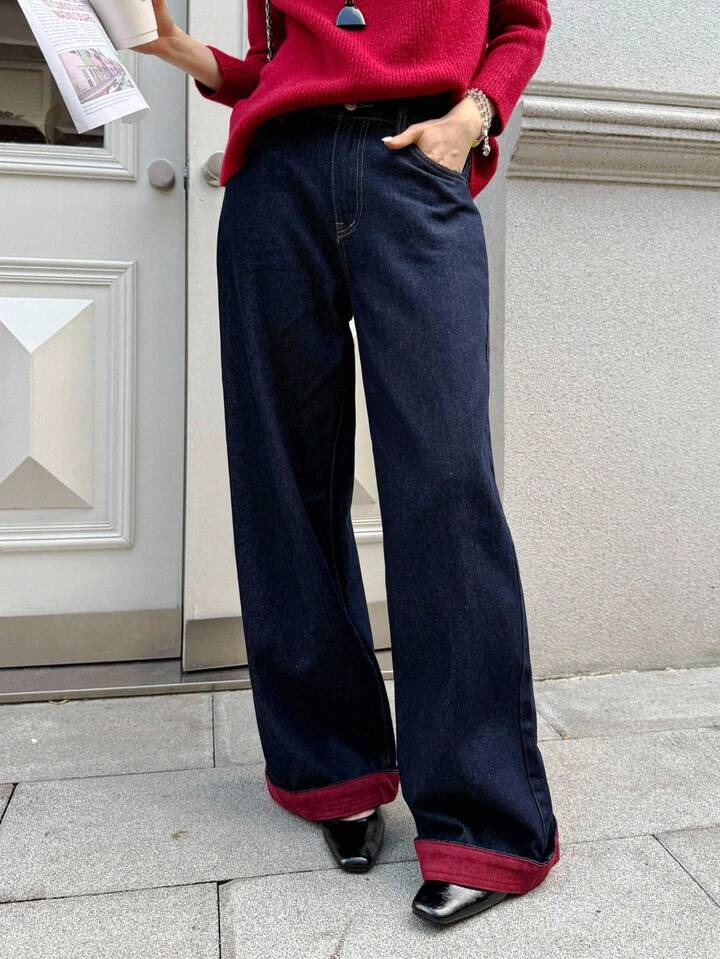 CM-BS215262 Women Casual Seoul Style Dark Wash Contrasting Edge High Waist Extra Long Wide Leg Jeans