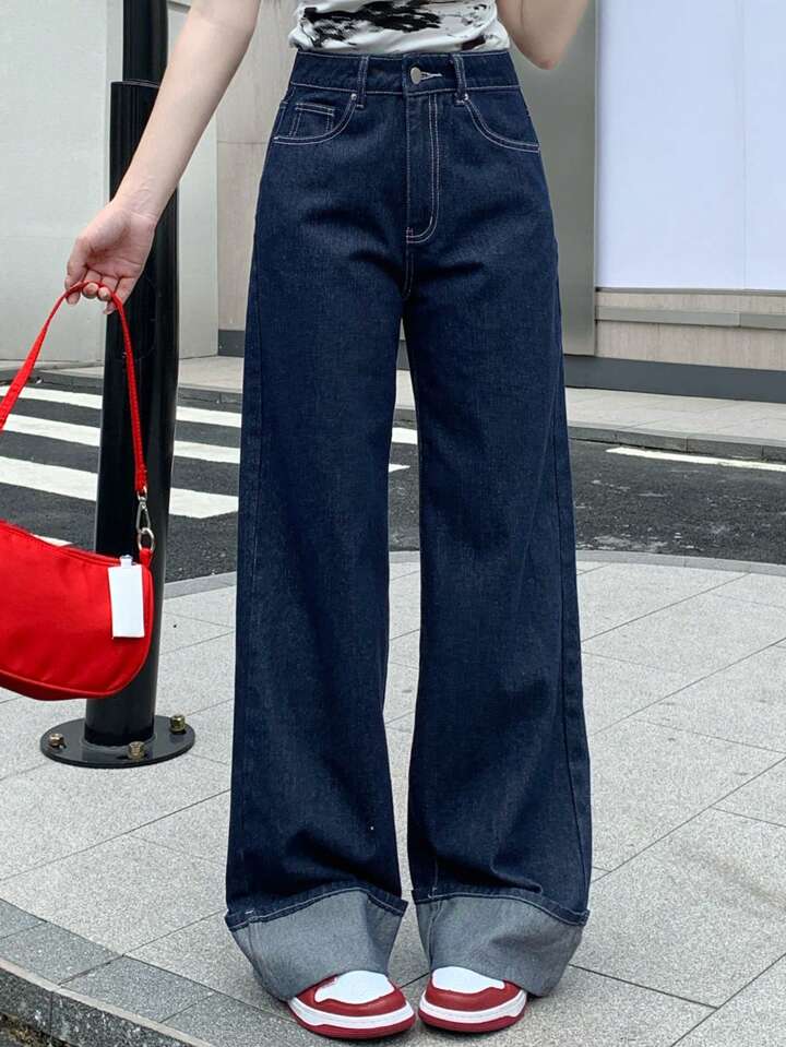 CM-BS770267 Women Casual Seoul Style Dark Wash Mid Waist Distressed Wide Leg Denim Jeans