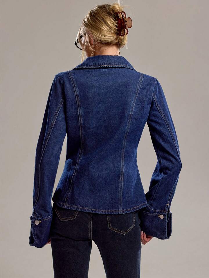 CM-CS618251 Women Casual Seoul Style Collar Neckline Single Breasted Long Sleeve Denim Jacket - Blue
