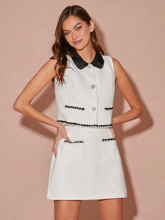 CM-SS188131 Women Elegant Seoul Style Contrast Color Pearl Button Decor Sleeveless Vest With Tweed Skirt - Set