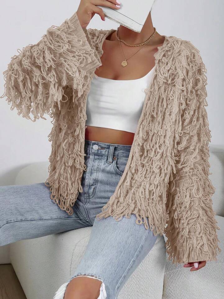 CM-CS117553 Women Casual Seoul Style Long Sleeve Shaggy Knit Duster Cardigan - Khaki
