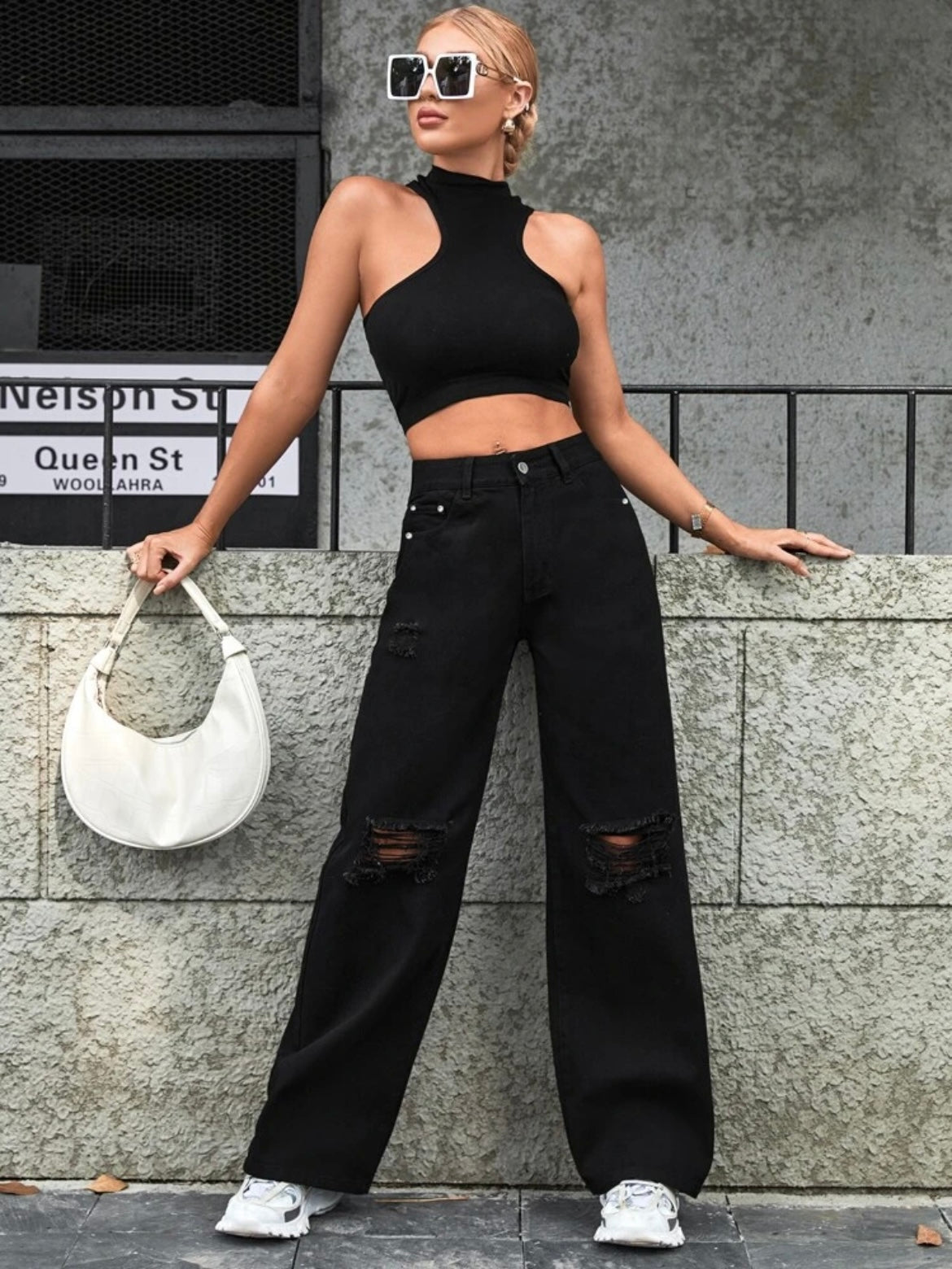 CM-BS302694 Women Casual Seoul Style High Waist Distressed Wide Leg Loose Denim Jeans - Black