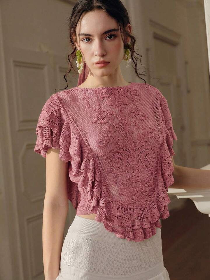 CM-TS415052 Women Elegant Seoul Style Round Neck Sleeveless Elastic Ruffled Hem Cropped Top - Pink