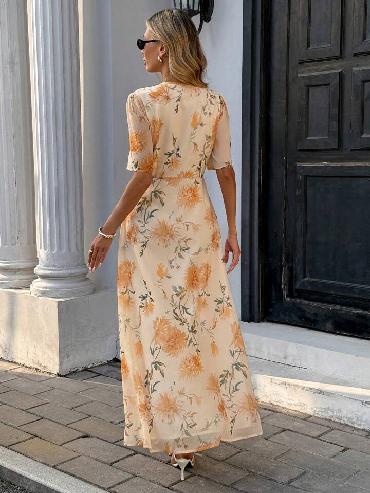 CM-DS434878 Women Casual Seoul Style Deep V-Neck Short Sleeve Waisted Printed High Waist Midi Dress