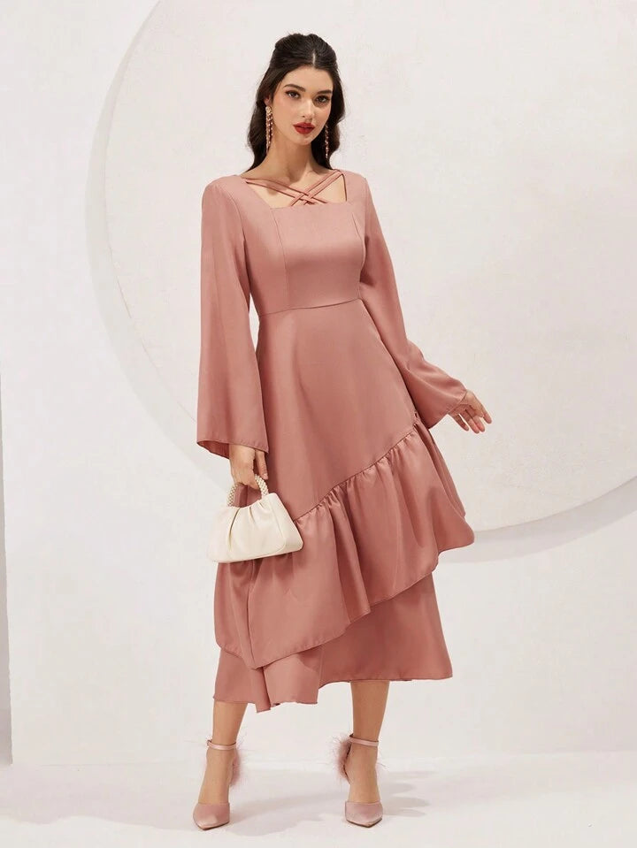 CM-DS155455 Women Elegant Seoul Style V-Neck Bell Sleeve Ruffle Hem A-Line Dress - Pink
