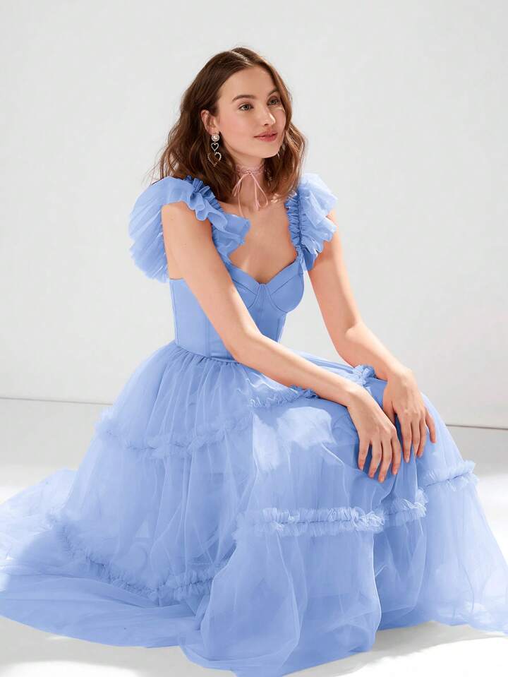CM-DS515994 Women Elegant Seoul Style Sweet Heart Neck Flounce Sleeve Ruched Mesh Dress - Baby Blue