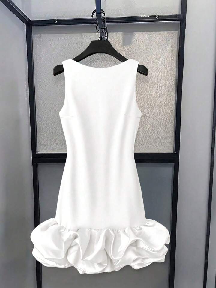 CM-DS379410 Women Elegant Seoul Style Round Neck Sleeveless Ruffle Hem Short A-Line Dress - White