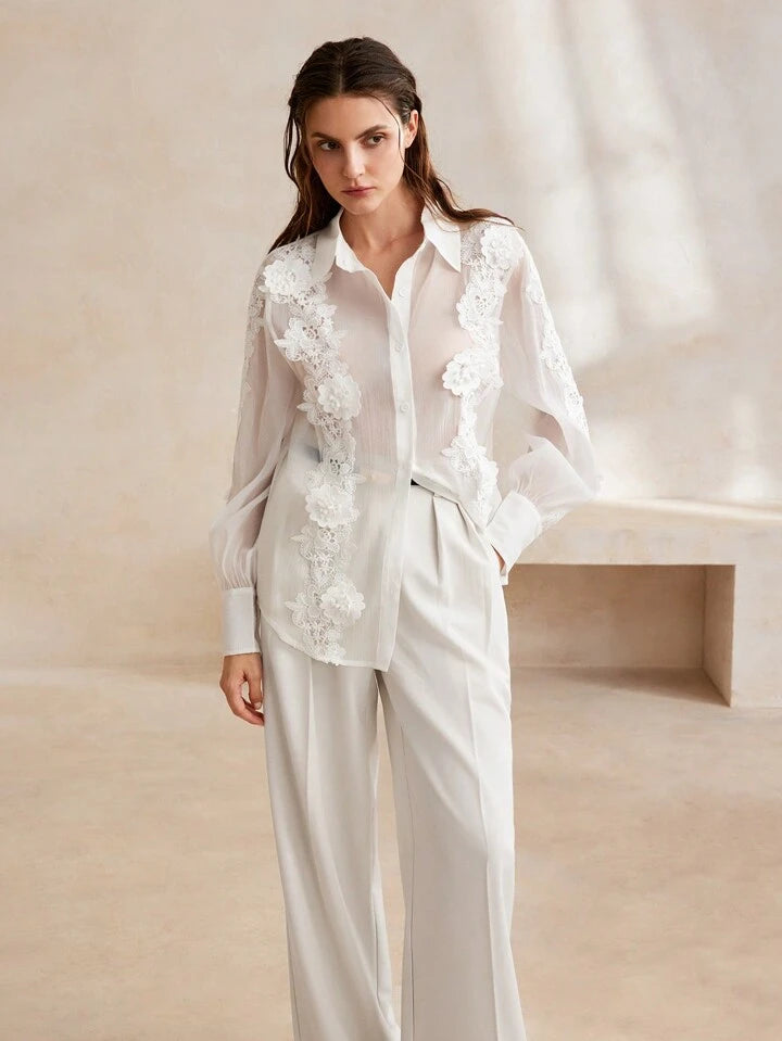 CM-TS788828 Women Elegant Seoul Style 3D Floral Embroidered Collar Necklone Long Sleeve Shirt