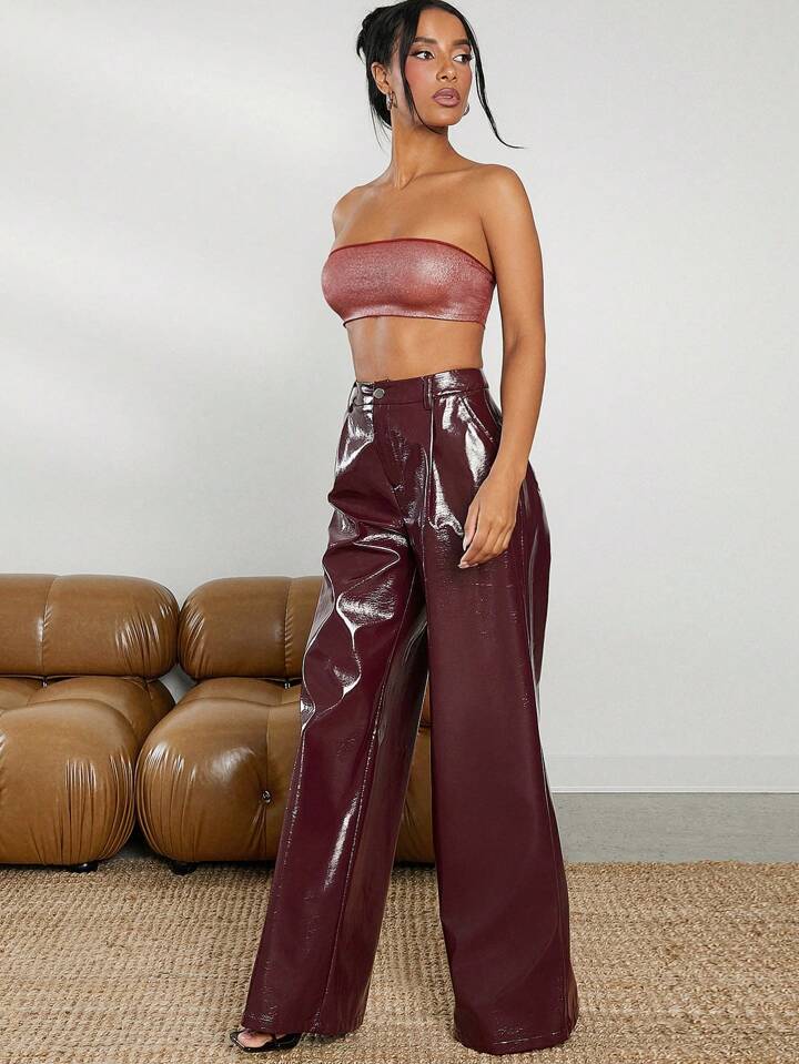 CM-BS499510 Women Elegant Seoul Style Slant Pocket PU Leather Wide Leg Pants - Burgundy