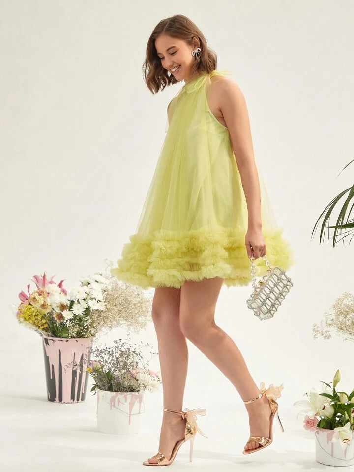 CM-DS054600 Women Elegant Seoul Style Multi-Layered Mesh Halter Neck Dress - Yellow