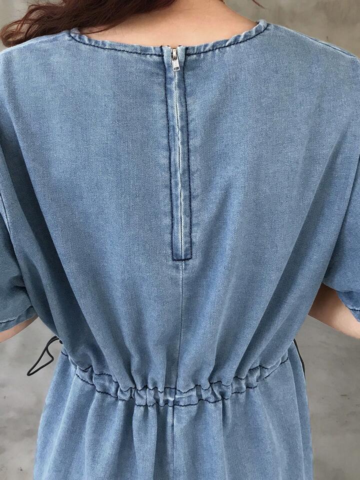 CM-DS589815 Women Casual Seoul Style Round Neck Short Sleeve Drawstring Waist Midi Denim Dress - Blue