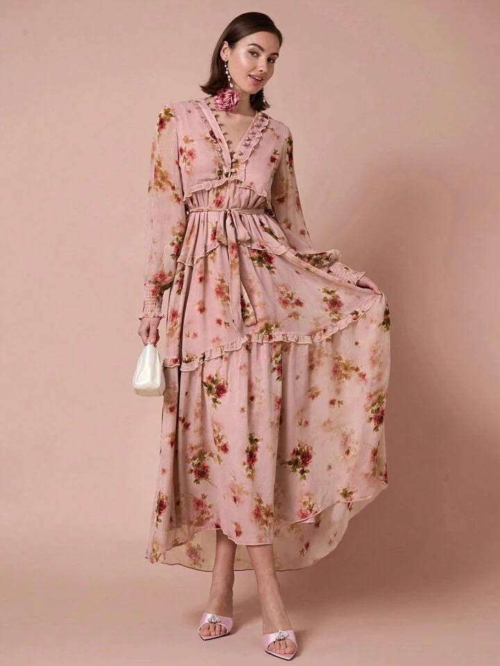 CM-DS263812 Women Elegant Seoul Style Floral Print Front Tie Ruffle Decoration Lantern Long Sleeve Dress