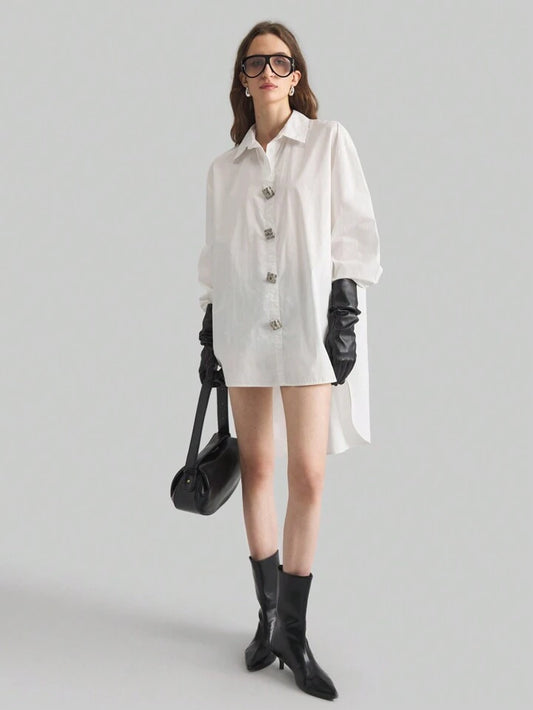 CM-TS195759 Women Casual Seoul Style Collar Neckline Drop Shoulder Asymmetrical Blouse - White