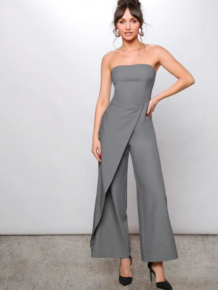 CM-JS548483 Women Elegant Seoul Style Tube High Waist Wrap Wide Leg Jumpsuit - Gray