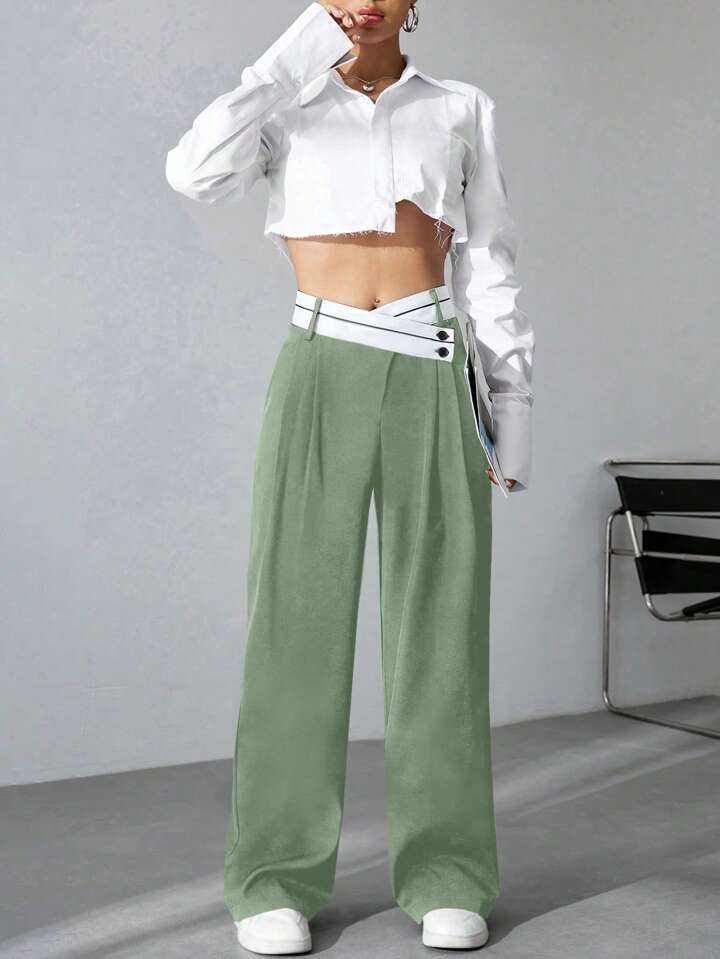 CM-BS115964 Women Casual Seoul Style Asymmetrical High Waist Straight Leg Pants - Green