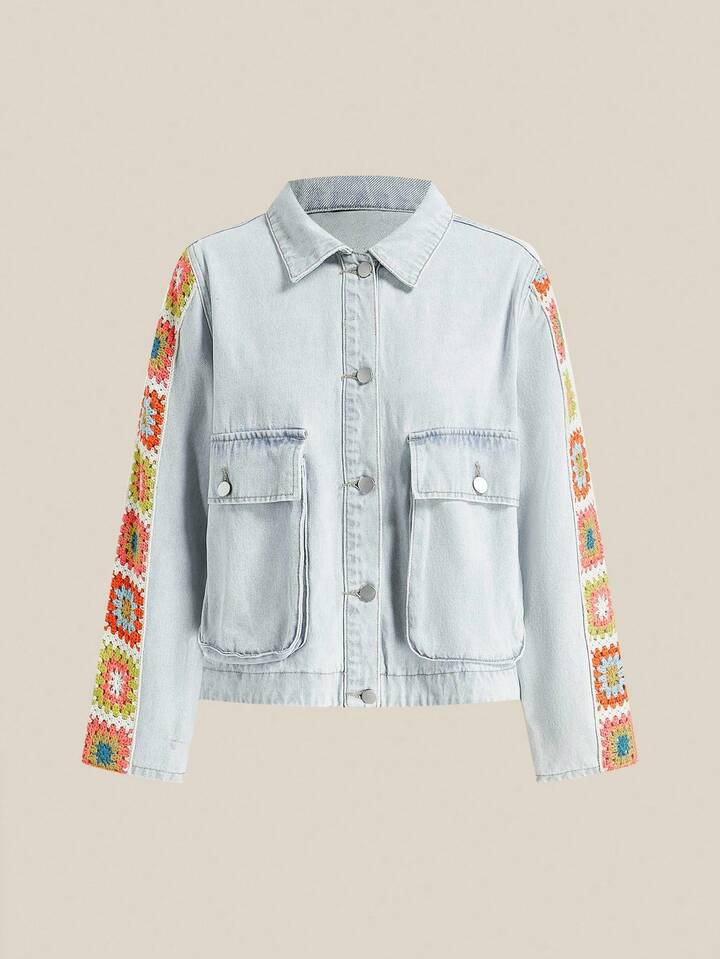 CM-CS335360 Women Casual Seoul Style Collar Neckline Stitching Multi-Color Sleeves Pattern Pattern Denim Jacket - Blue
