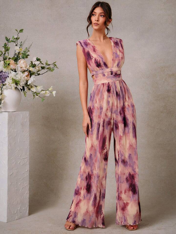 CM-JS130035 Women Trendy Bohemian Style All-Over Print Deep V-Neck Pleated Wide Leg Jumpsuit