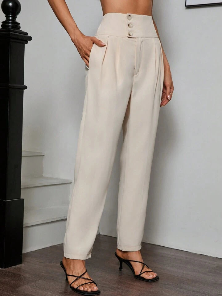 CM-BS743542 Women Elegant Seoul Style High Waist Straight Pants With Pockets - Beige