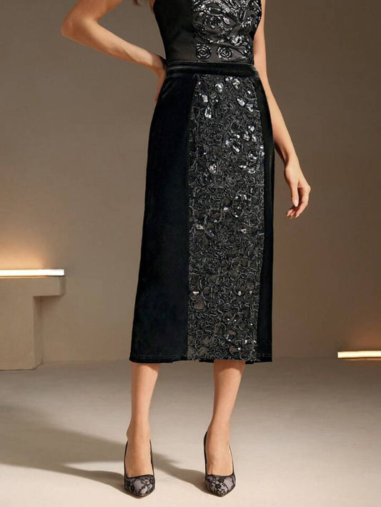 CM-BS320719 Women Elegant Seoul Style 3D Floral Mid-Length Maxi Velvet Skirt - Black