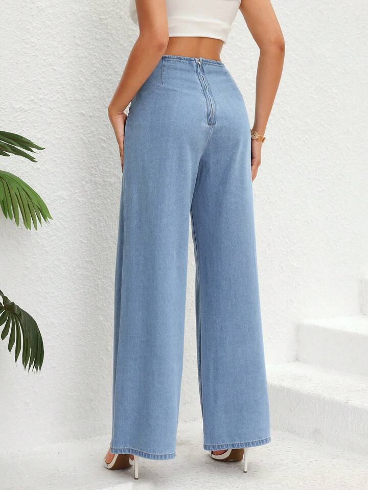 CM-BS222712 Women Casual Seoul Style Light Wash Lace Up Front Loose Wide Leg Jeans