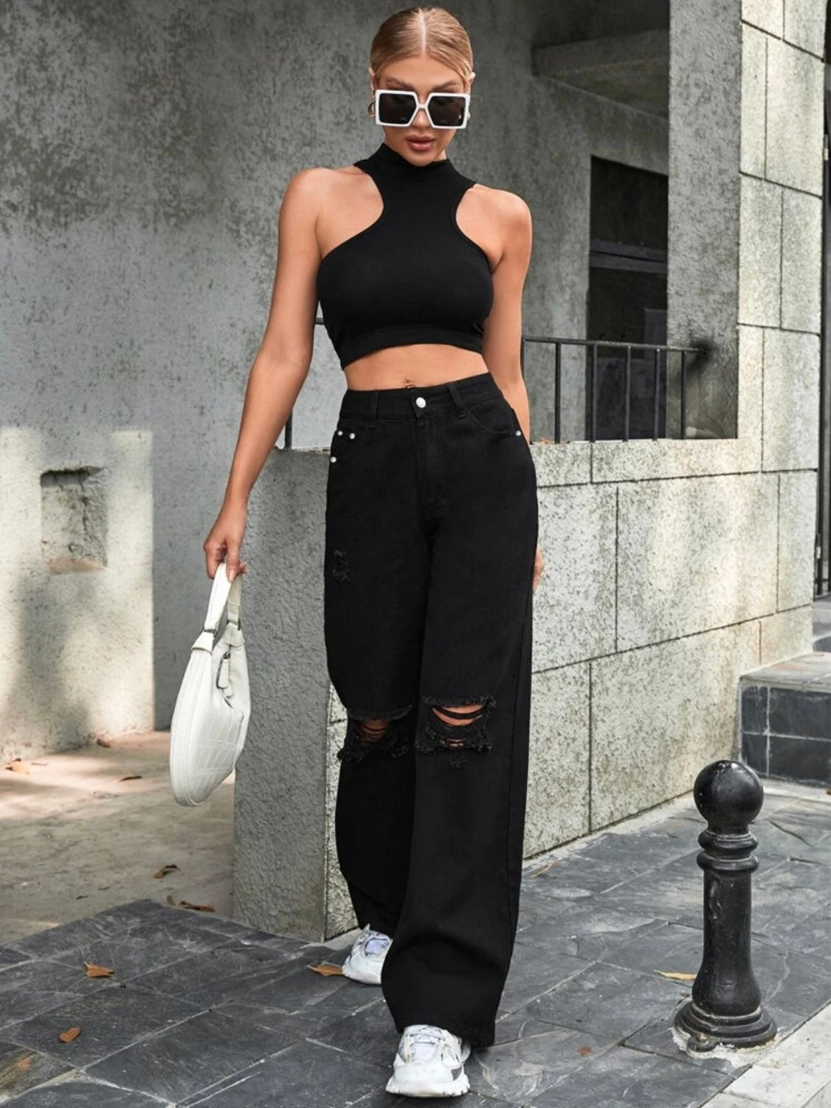 CM-BS302694 Women Casual Seoul Style High Waist Distressed Wide Leg Loose Denim Jeans - Black