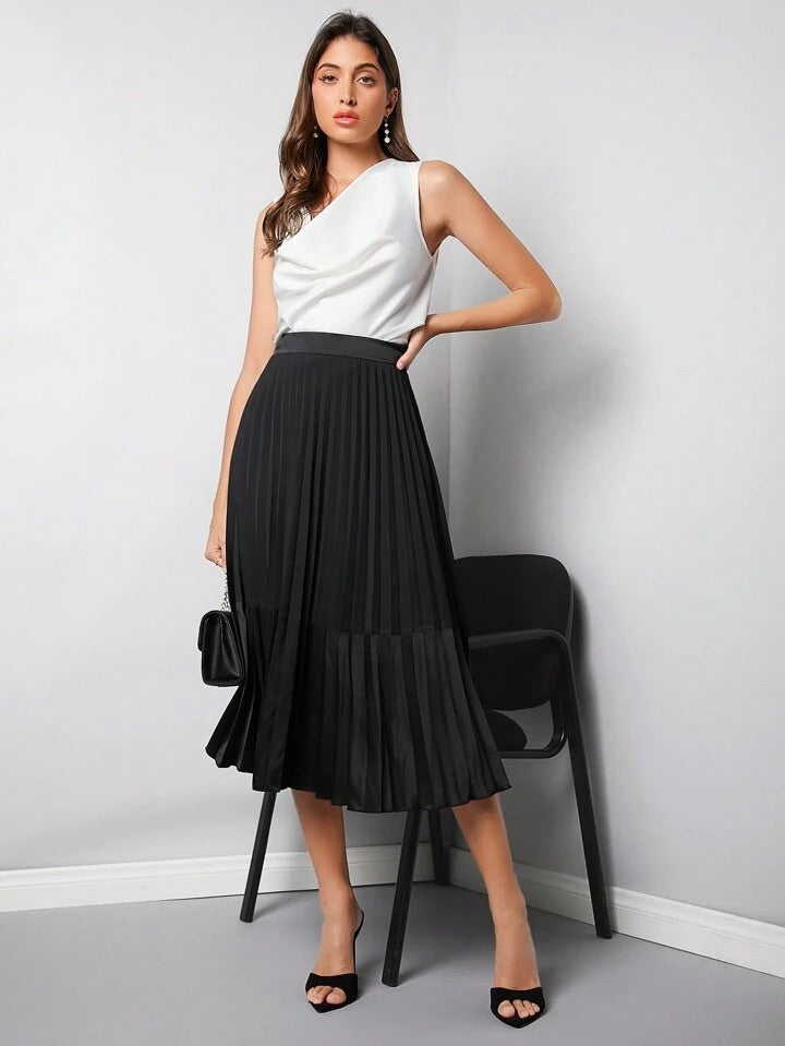 CM-BS614252 Women Elegant Seoul Style High Waist Long Pleated Skirt - Black