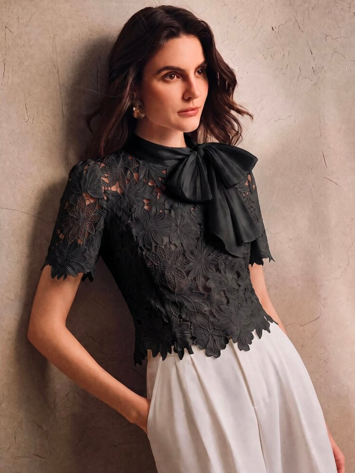CM-TS468347 Women Elegant Seoul Style Tie Neck Puff Sleeve Hollow Lace Bowknot Blouse - Black