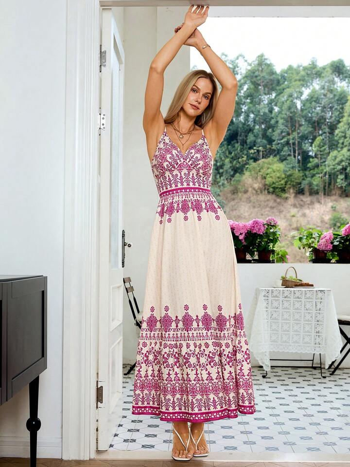 CM-DS578444 Women Casual Seoul Style Floral Printed Spaghetti Strap Dress - Hot Pink