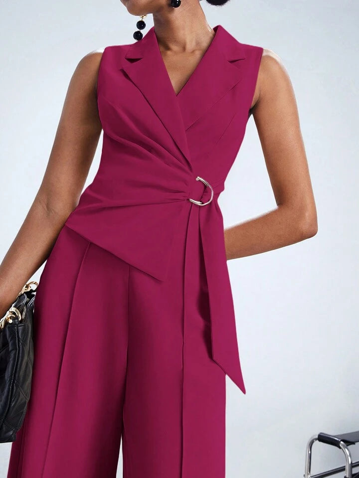 CM-JS558911 Women Elegant Seoul Style Lapel Neckline Sleeveless Wide Leg Jumpsuit - Hot Pink